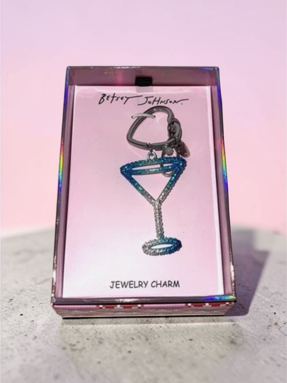 Betsey Johnson Teal & Silver Martini Charm Keychain, NIB